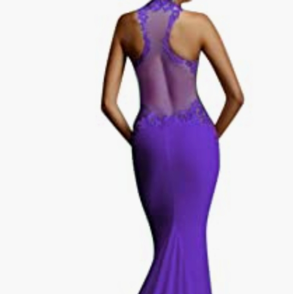 GLORY SUNSHINE DRESS JINUIOR SZ L PURPLE MAXI SLEEVELES HALTER LACE ZIP MERMAID - Picture 2 of 10